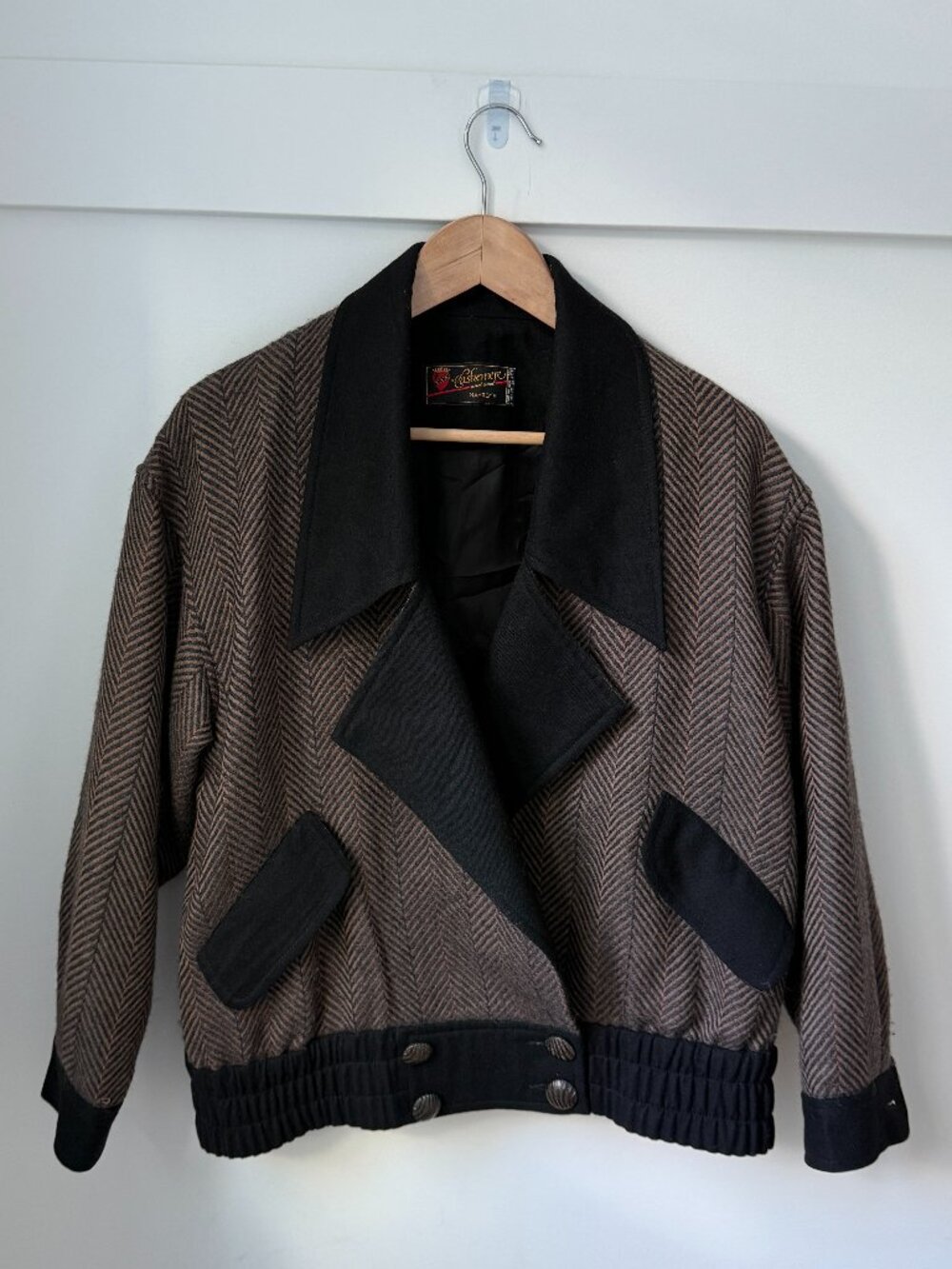 VINTAGE Cashmere Wool Herringbone Cropped Bomber Jacket Contrast Lapel Italy